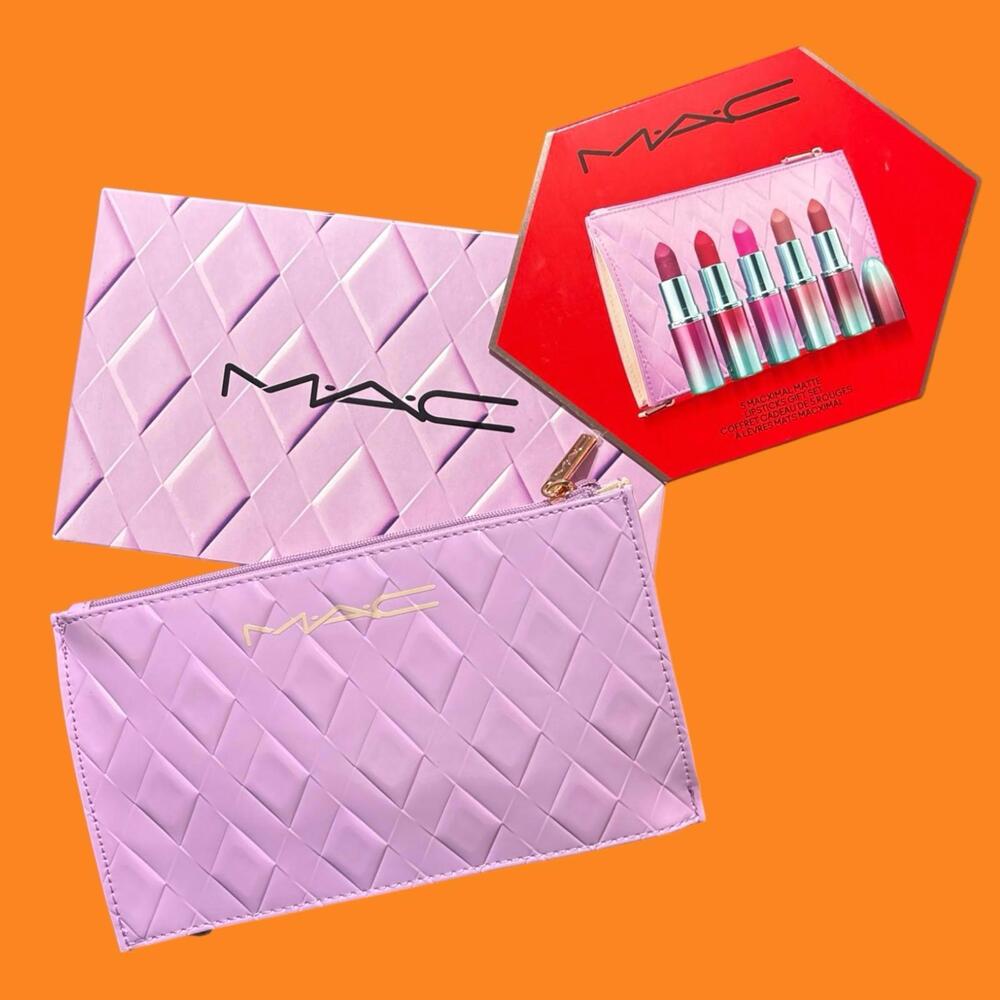 MAC 5 MACXIMAL MATTE FULL SIZE LIPSTICKS Gift Set w/Lilac Cosmetic Bag New boxed